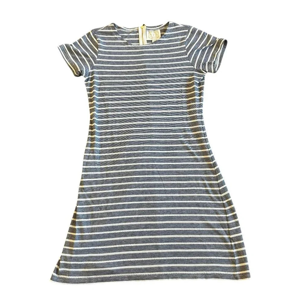 Sail to Sable STS Blue White Stripe Dress Crew Neck Stretch Size Medium Women's
